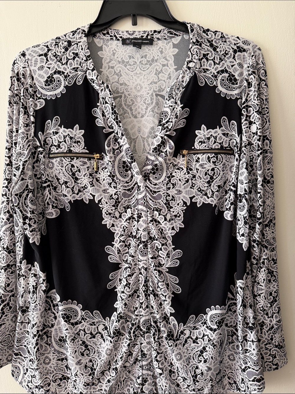 INC International Concepts Black and White Lace-Print Button Front Blouse